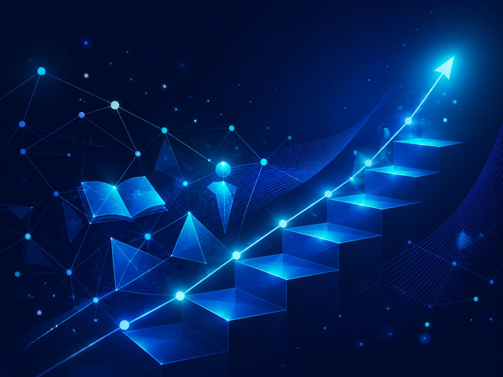 Composição abstrata de conexões, conhecimento e crescimento em tons de azul e turquesa